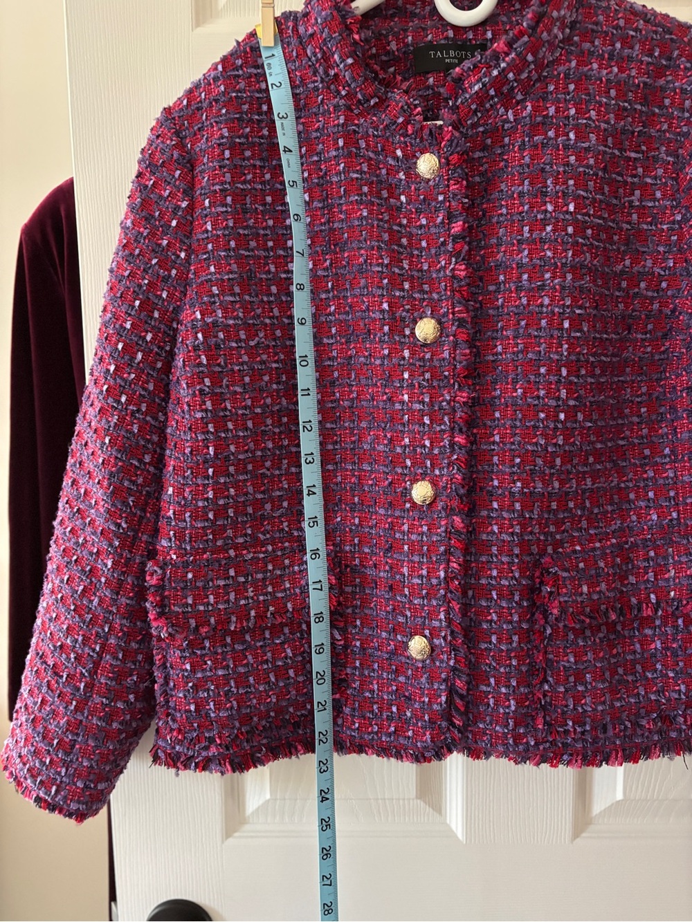 Talbots Pink-Purple Tweed Fringe Jacket with Gold Buttons